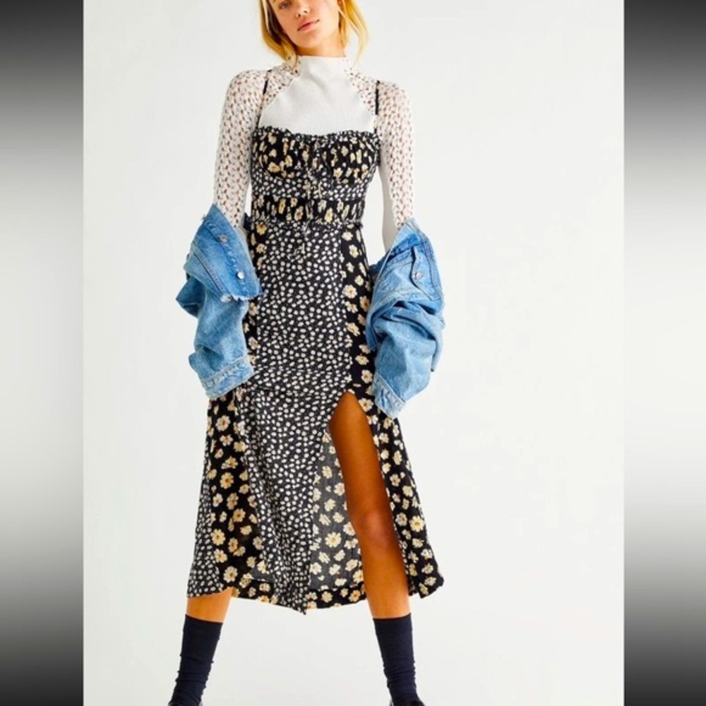 Free People Black Tigerlily Floral Midi Dress L
